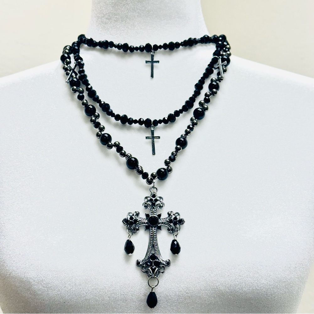 2 pcs set Black beaded gothic choker necklace
